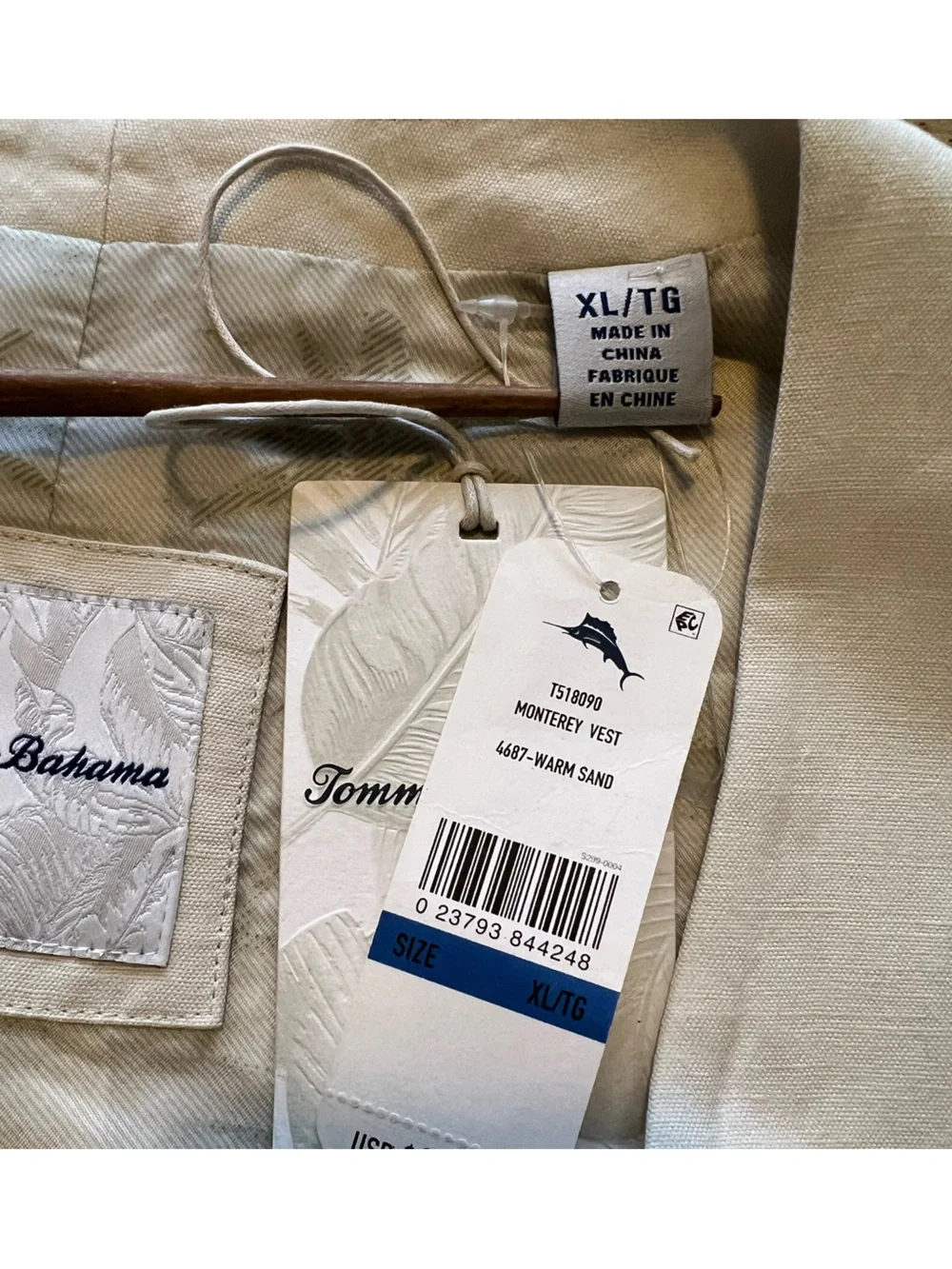 Tommy Bahama Monterey Vest Warm Sand Cream Linen Blend with Palm-Print Lining